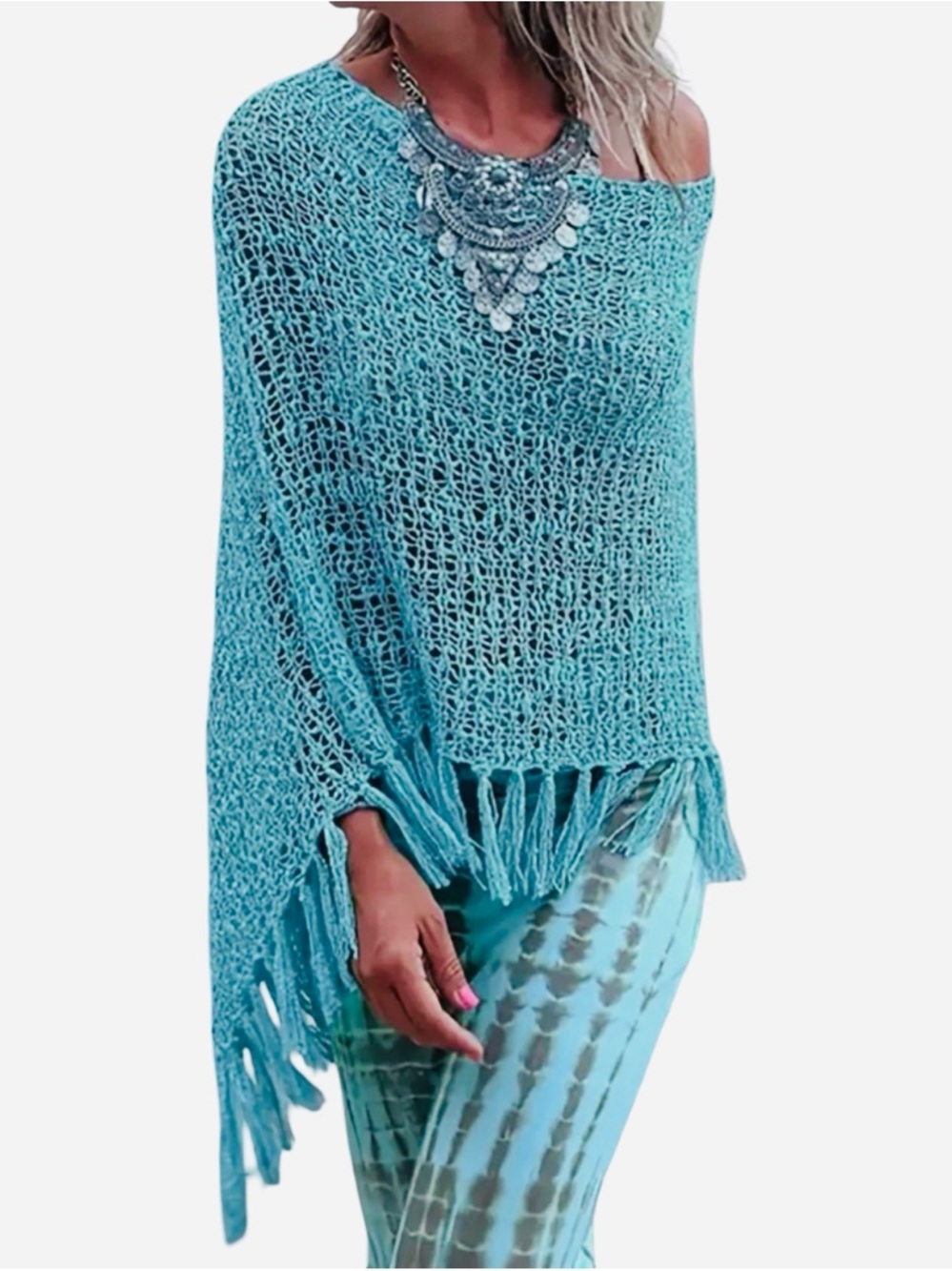 Country Journey Boutique Super Soft Knit Fringe Poncho in Turquoise - Small, New